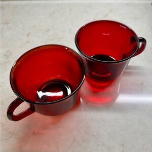 VINTAGE, ARCOROC, SET/2, RUBY RED GLASS CUPS. THICK, PRESSED RED GLASS.